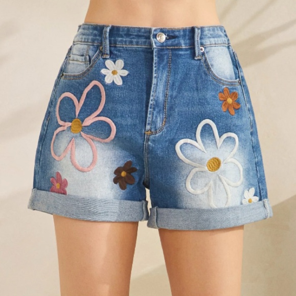 Oli & Hali Blue Denim Floral Embroidered Shorts